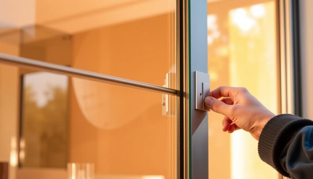 A precisely engineered glass sliding door system with a sleek, minimalist design. The door glides effortlessly along a sturdy, low-profile aluminum track, its movement guided by a smooth, well-designed bodenführung (floor guide). The system is bathed in warm, natural lighting, creating a sense of elegance and refinement. The glass panels reflect the surrounding environment, seamlessly blending the interior and exterior spaces. A technician's hand carefully adjusts the bodenführung, ensuring a perfectly aligned and whisper-quiet operation. The overall scene conveys a feeling of quality craftsmanship and attention to detail, perfectly suited for the "Einfache Montage, präzise Führung" section of the "Glastuerhop24 - Glasschiebetür Komplettset für Ihre Wohnraumgestaltung" article.