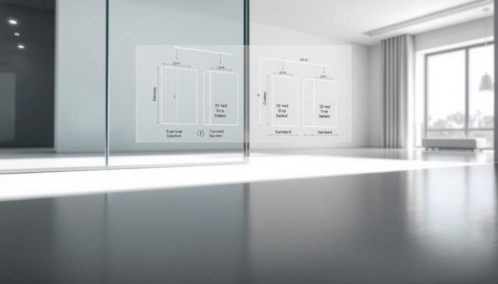 A precisely measured sliding glass door set, showcasing the expansive dimensions and customizable options. In the foreground, a sleek glass panel reflects the surrounding space, its smooth surface gleaming under soft, indirect lighting. The midground features a detailed technical schematic, meticulously displaying the versatile sizing capabilities, from standard to specialized measurements. In the background, a minimalist, modern interior setting provides context, highlighting how these tailored solutions seamlessly integrate into any room's aesthetic. The overall composition conveys a sense of quality, precision, and the perfect fit for the user's unique space requirements.