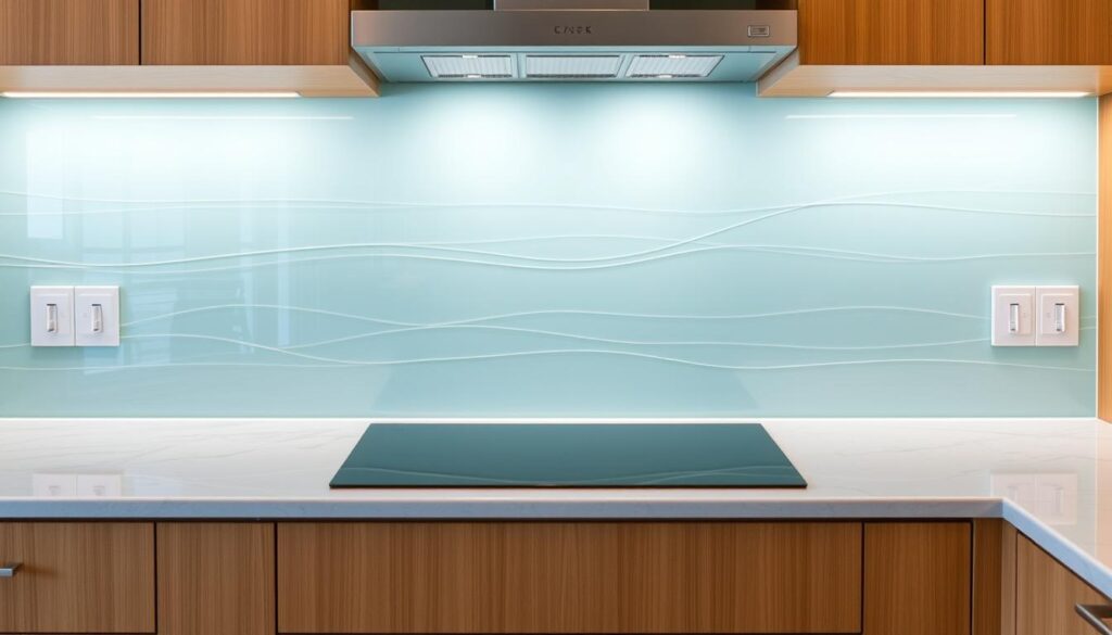 A precision-engineered kitchen backsplash, meticulously measured and expertly crafted. Crisp, clean lines and a sleek, modern design evoke a sense of elegance and efficiency. Vibrant, tempered glass panels shimmer under the soft, ambient lighting, reflecting the warm tones of the surrounding cabinetry. Intricate measurements and strategic cuts ensure a flawless, customized fit, seamlessly integrated into the kitchen's overall aesthetic. The backsplash stands as a testament to the perfect balance of form and function, creating a stunning focal point that elevates the entire space.