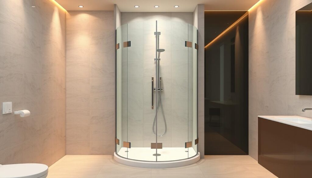 A pristine, contemporary bathroom interior with a sleek, frameless glass shower enclosure positioned in the center. The enclosure features clean lines and minimalist hardware, seamlessly integrated into the surrounding tiles and fixtures. Warm, indirect lighting illuminates the space, casting a soft, inviting glow. The enclosure is angled to create an innovative, custom-fit installation, showcasing the versatility of modern shower solutions. The overall scene conveys a sense of elegant simplicity, highlighting the various forms and installation possibilities for a high-quality, fully-integrated shower experience.