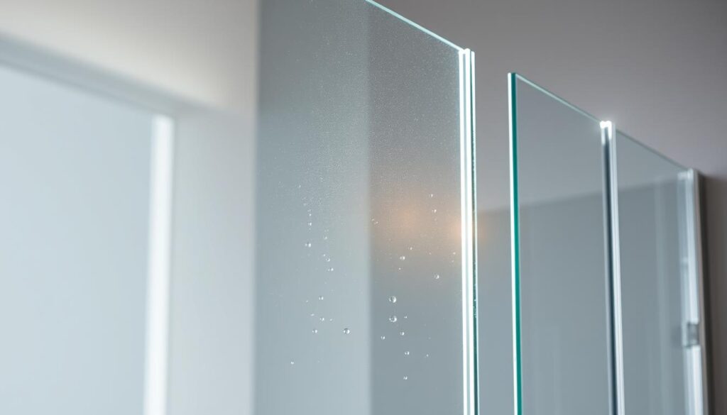 A pristine glass shower enclosure, its surface gleaming with a subtle nano-coating that repels water and grime. Bright, natural light filters through the panel, casting a warm, inviting glow. The frame, crafted from sleek, polished metal, seamlessly integrates with the glass, creating a minimalist, high-end aesthetic. Droplets of water bead and slide effortlessly across the surface, demonstrating the easy-to-clean nature of this durable, low-maintenance solution. The scene exudes a sense of modern luxury and practicality, perfectly capturing the essence of "Pflegeleicht im Alltag: Reinigung und Nano-Versiegelung".