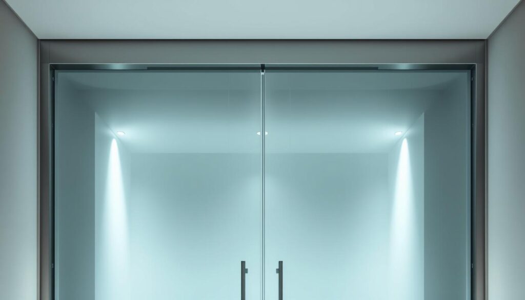 A pristine, high-quality glass door with a sleek, minimalist design. The glass panels appear seamless and flawless, casting a clear, transparent view into the space beyond. Soft, diffused lighting from overhead illuminates the door, creating a serene and sophisticated atmosphere. The frame is made of a lustrous, silvery metal, adding a touch of elegant refinement. The overall composition is well-balanced, with the glass panels occupying the central focus and the frame providing a subtle, yet striking, contrast. This image perfectly captures the essence of "Glas-Design KLAR" - a design that is both visually striking and functionally elegant.