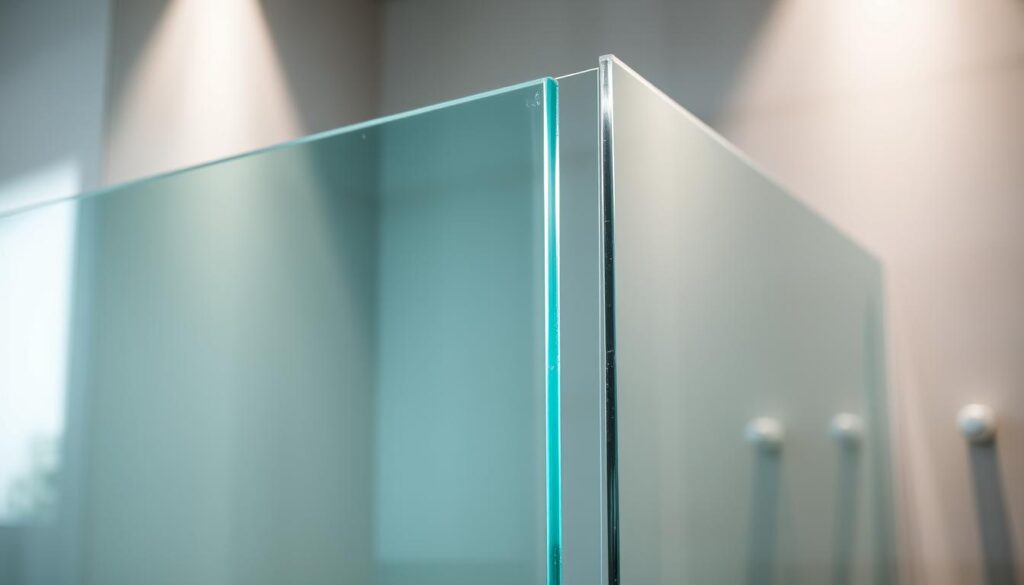 A pristine, high-quality klarglas glass panel, showcasing its exceptional clarity and lustrous finish. The glass is positioned in a well-lit environment, allowing its transparency and reflection properties to shine. The lighting is soft and diffused, creating a serene, sophisticated atmosphere. The angle of the camera captures the glass at a slight tilt, emphasizing its sleek, modern design and accentuating the seamless edges. The background is minimalist, allowing the glass to be the focal point, highlighting its quality, durability, and suitability for use in premium shower enclosures.