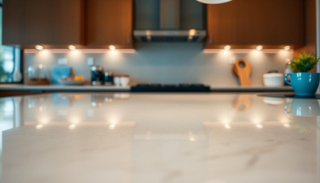 A pristine, well-lit kitchen counter made of gleaming, easy-to-clean material, with a spotless, polished surface that reflects the surrounding environment. The lighting is soft and diffused, creating a warm, inviting atmosphere. The counter is free of any visible dirt, stains, or smudges, conveying a sense of cleanliness and effortless maintenance. The image focuses on the counter's surface, highlighting its durability and the ease with which it can be wiped down and kept in immaculate condition, in line with the section title "Reinigung & Pflege: So bleibt die Oberfläche dauerhaft makellos".