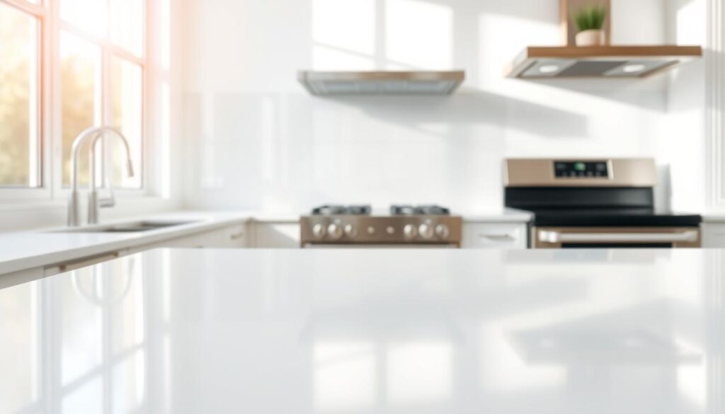 A pristine white kitchen countertop, bathed in warm, natural light filtering through large windows. In the foreground, a gleaming glass kitchen backsplash, its surface meticulously clean and streak-free, reflecting the bright, airy space. The backsplash's smooth, unblemished surface showcases its easy-to-clean properties, hinting at the effortless maintenance and long-lasting appeal of this key kitchen feature. In the middle ground, a set of stainless steel appliances, their surfaces polished to a mirror-like shine, complementing the refined, contemporary aesthetic. The overall atmosphere exudes a sense of order, cleanliness, and attention to detail, perfectly encapsulating the care and diligence required to maintain a kitchen backsplash in pristine condition.