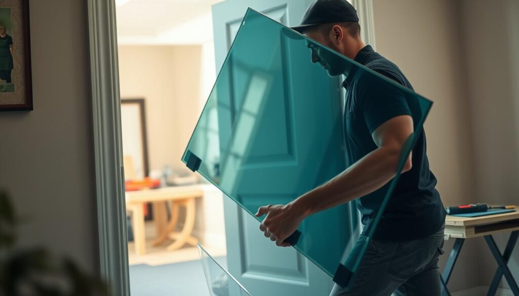 A professional delivery person carefully carrying a large glass panel, maneuvering it through a residential doorway with utmost care and precision. The glass panel gleams under the soft, natural lighting, its surface reflecting the surrounding environment. In the background, a well-organized work area with tools and materials suggests an efficient and reliable installation process. The overall atmosphere conveys a sense of professionalism, attention to detail, and a commitment to providing a seamless and secure delivery and installation experience.