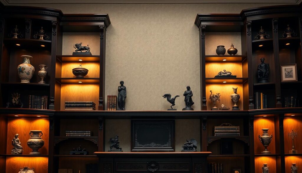 A regal, ornate open shelving unit made of dark, polished wood, illuminated by warm, soft lighting. The shelves are adorned with various decorative elements - antique vases, bound books, and intricate sculptures. The background features a neutral, textured wall, creating a sense of depth and sophistication. The overall composition conveys a refined, elegant atmosphere, suitable for showcasing a curated collection of personal items or decor. The image has a cinematic, high-quality look, captured at a slightly angled perspective to highlight the visual interest of the shelving arrangement.