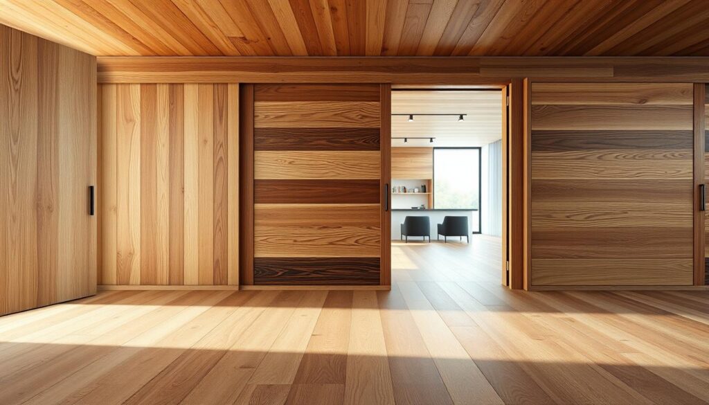 A serene, well-lit wooden interior showcasing a variety of "holz dekor" (wood decors) for sliding doors. In the foreground, a selection of natural wood textures and patterns, ranging from sleek, minimalist oak to rustic, knotty pine. In the middle ground, various wood finishes and stains, highlighting the unique grain and hues of each material. The background features a softly blurred panoramic view of a modern, spacious room, allowing the wood decors to take center stage. The overall atmosphere is one of warm, inviting elegance, perfectly suited for the "Design und Materialien: Dekore, Farben und Oberflächen" section of the article.
