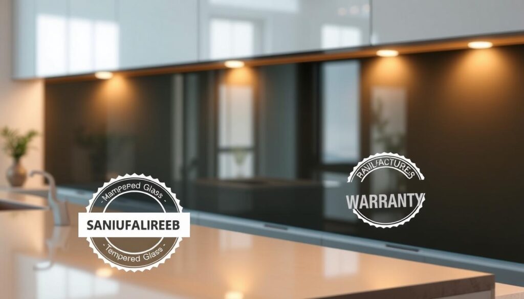A sleek and modern kitchen backsplash made of tempered glass, showcasing a seamless and flawless surface. The glass panel reflects the warm, ambient lighting, creating a subtle and inviting atmosphere. In the foreground, a manufacturer's warranty label is prominently displayed, highlighting the quality and reliability of the product. The background features a minimalist, neutral-toned kitchen setting, allowing the glass backsplash to take center stage. The overall composition emphasizes the attention to detail, durability, and peace of mind that the manufacturer's guarantee provides for the discerning homeowner.