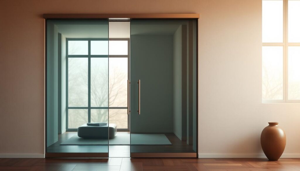 A sleek, contemporary pendulum door made of tempered glass, illuminated by soft, natural lighting that filters through a large window. The door's smooth, seamless lines and minimalist design evoke a sense of elegance and sophistication, perfectly suited for a modern, high-end home interior. The door's hinges and hardware are crafted from polished stainless steel, adding a touch of industrial chic. The door's transparency allows for a seamless transition between spaces, creating a harmonious and open flow. The background features a warm, muted color palette, with subtle textures and patterns that complement the door's design, resulting in a visually stunning and harmonious composition.