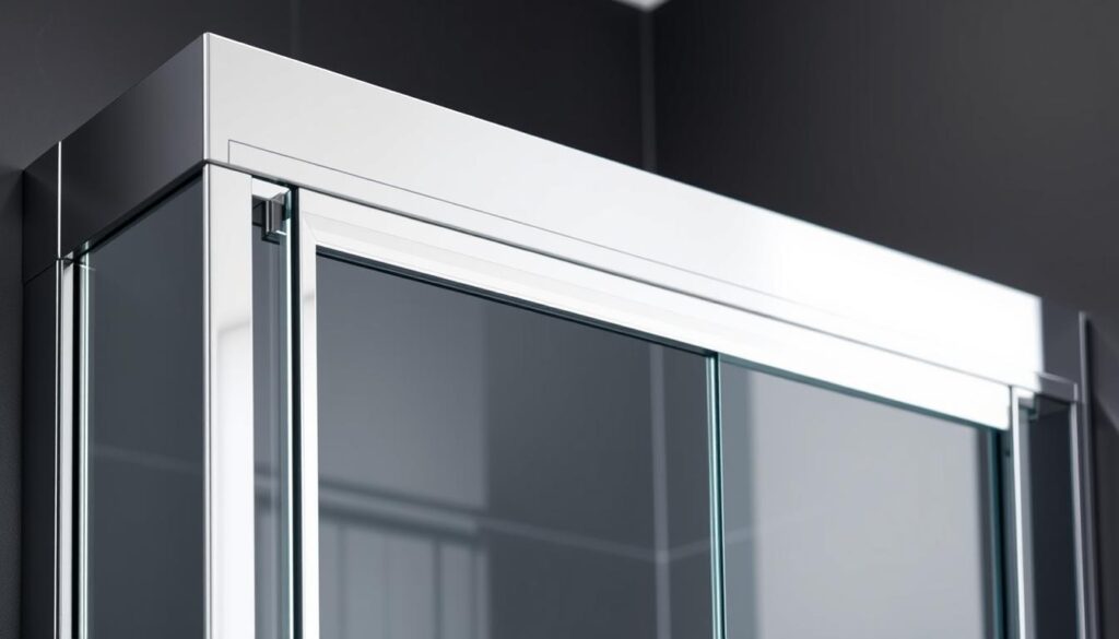 A sleek, contemporary shower enclosure with a polished chrome profile frame, showcasing a rich, deep hue that complements the glass panels. The profiles are designed with clean lines and a subtle metallic sheen, creating a high-end, architectural aesthetic. The frame's finish seamlessly blends with the surrounding bathroom decor, adding a touch of sophistication and visual cohesion. The profile's color is a striking yet versatile shade, making it suitable for a variety of bathroom styles, from modern minimalist to classic elegance. The overall composition emphasizes the interplay between the transparent glass and the defined, metallic framing, resulting in a visually striking and functional shower enclosure.