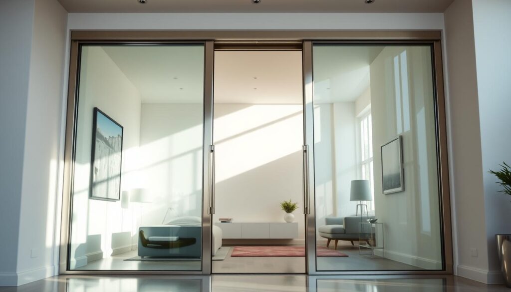A sleek, contemporary swing door made of tempered glass and polished stainless steel, standing tall in a sun-drenched, modern interior. The door's clean lines and minimalist design create an airy, inviting atmosphere, with the glass allowing natural light to flow freely throughout the space. The hinges and hardware are discreetly integrated, giving the door a seamless, floating appearance. Reflected in the glossy surface, the room's furnishings and decor create a harmonious, sophisticated ambiance. The scene conveys a sense of effortless elegance and thoughtful design, perfectly suited for a high-end residential or commercial setting.