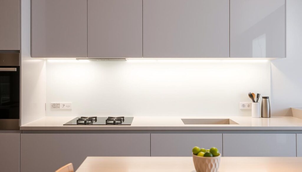 A sleek, custom-designed glass backsplash with a seamless, modern aesthetic. Elegant frosted panels in a soothing neutral tone, creating a serene and sophisticated focal point in the kitchen. The glass surface is smooth and easy to clean, offering practical protection from splashes and stains. Precise measurements ensure a perfect fit, blending harmoniously with the kitchen's overall design. Subtle lighting casts a warm, ambient glow, highlighting the glass's translucent quality. A minimalist and versatile solution, this bespoke glass backsplash combines form and function, elevating the kitchen's visual appeal while providing essential functionality.