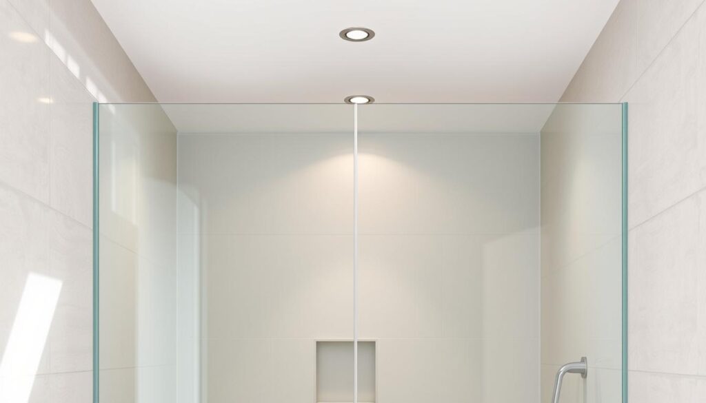 A sleek, frameless glass door set within a recessed niche, its seamless panels reflecting the soft, natural light filtering in from above. The door's edges are delicately beveled, creating a harmonious silhouette that blends effortlessly with the tiled walls. The glass surface is pristine, free of any visible hardware, allowing the material's inherent beauty to take center stage. Subtle, recessed lighting casts a warm, inviting glow, accentuating the door's transparency and the serene, minimalist aesthetic of the surrounding space. The entire composition exudes a sense of refined elegance, perfectly suited for a high-end shower enclosure within a modern, spa-like bathroom.