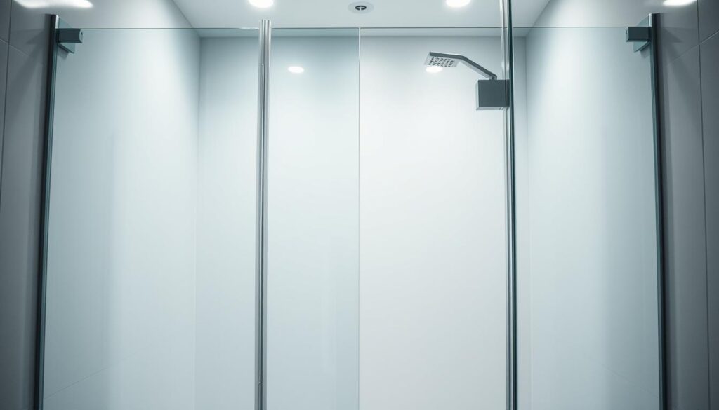 A sleek, frameless glass shower enclosure with a minimalist, modern design. The tempered glass panels are coated with a nano-protection layer, making them highly resistant to water stains, soap scum, and fingerprints. Ambient lighting illuminates the scene, creating a spa-like atmosphere. The glass surfaces reflect the light, giving the enclosure a clean, polished appearance. The camera angle captures the full height of the shower, showcasing the seamless transition from floor to ceiling. The overall impression is one of luxury, simplicity, and effortless maintenance, perfectly suited for the "Pflegeleicht und langlebig" section of the article.