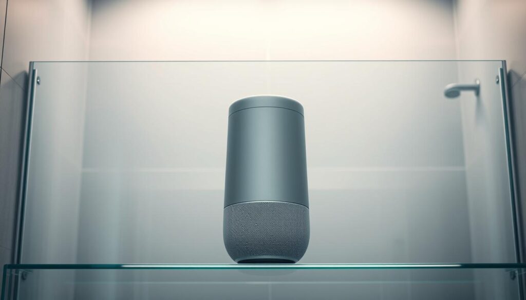A sleek, futuristic "Alexa-style 2.0" digital assistant, positioned prominently on a modern, minimalist glass shower enclosure. The assistant's smooth, cylindrical form is rendered in a silver-gray metallic finish, with subtle indentations and lines hinting at its advanced voice recognition and smart home capabilities. Soft, diffused lighting from above illuminates the scene, casting gentle shadows and highlights that accentuate the assistant's clean, contemporary design. The glass shower door behind it is seamless and frameless, allowing the eye to focus on the striking technological centerpiece. The overall atmosphere is one of high-end, innovative home design, where the latest smart home tech blends effortlessly with premium bathroom fixtures.