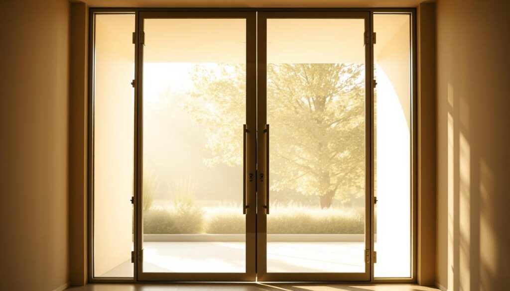 A sleek, glass entryway bathed in soft, warm lighting. The frameless glass door panels are seamlessly integrated, creating a clean, minimalist aesthetic. The door's configuration is customized, reflecting the unique architectural elements of the space. Subtle hardware accents and a refined handle design add a touch of modern elegance. Ample natural light filters through the glass, creating a bright, inviting atmosphere. The scene conveys a sense of high-quality craftsmanship and bespoke design, perfectly suited for the upscale "Lichtausschnitt" featured in the article. A sleek, glass entryway bathed in soft, warm lighting. The frameless glass door panels are seamlessly integrated, creating a clean, minimalist aesthetic. The door's configuration is customized, reflecting the unique architectural elements of the space. Subtle hardware accents and a refined handle design add a touch of modern elegance. Ample natural light filters through the glass, creating a bright, inviting atmosphere. The scene conveys a sense of high-quality craftsmanship and bespoke design, perfectly suited for the upscale "Lichtausschnitt" featured in the article.