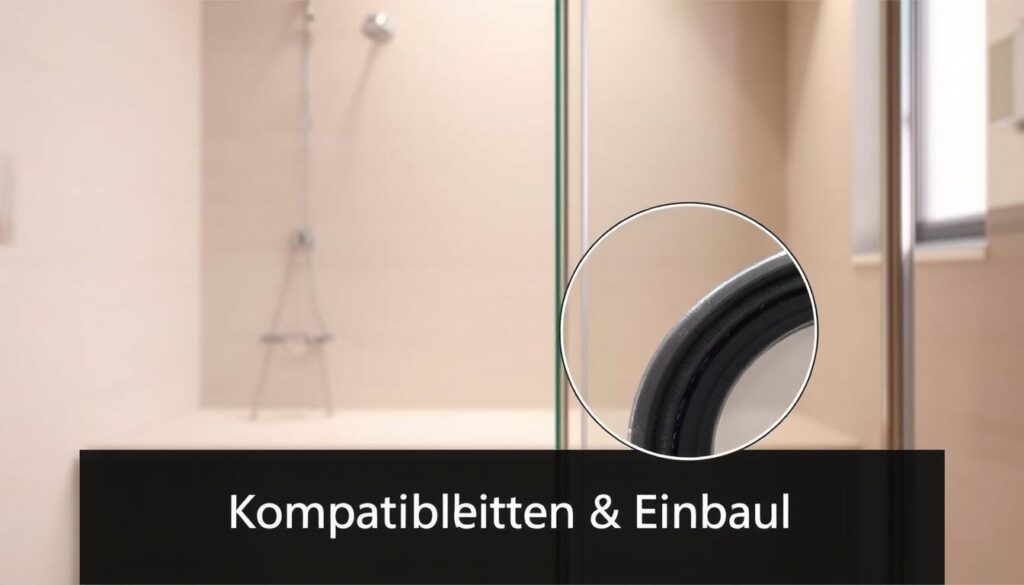 A sleek glass shower door with a compatible rubber seal sits in the foreground, showcasing the seamless integration between the two components. The background features a minimalist bathroom interior, with clean lines and a neutral color palette to emphasize the focus on the compatibility between the door and the seal. Warm, diffused lighting casts a soft glow, highlighting the translucent nature of the glass and the subtle texture of the rubber. The scene conveys a sense of modern, functional design and attention to detail, reflecting the professionalism and quality solutions highlighted in the article's section on "Kompatibilität & Einbau".
