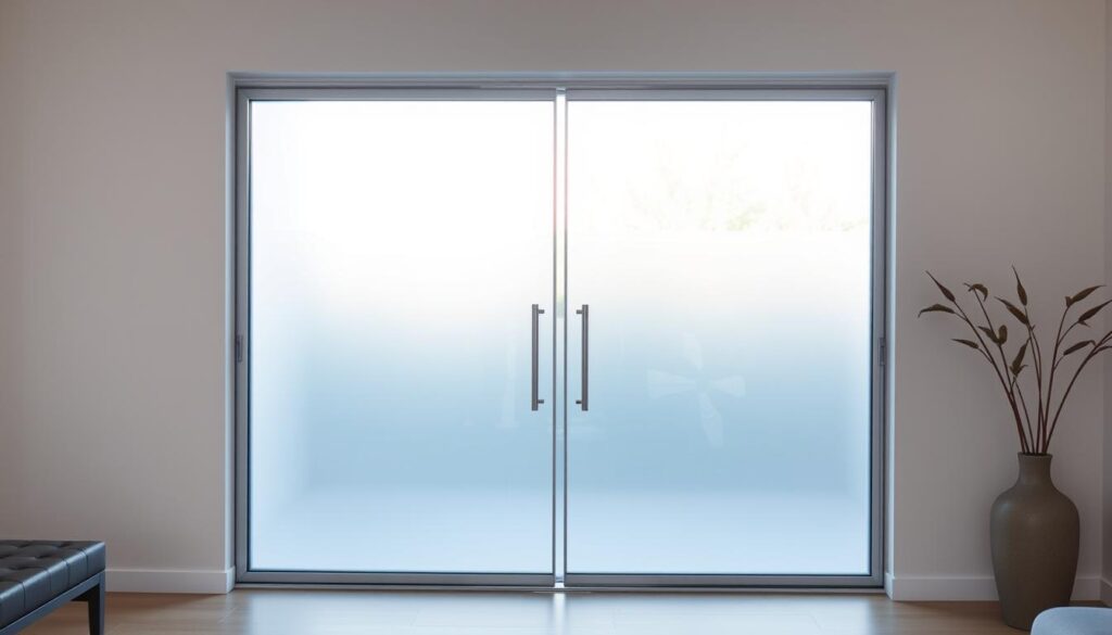 A sleek, minimalist glass door with a clean, frameless design. Positioned in a bright, airy interior, the door lets in natural light, creating a seamless connection between the indoor and outdoor spaces. The glass panels have a subtle, frosted finish, adding a touch of privacy while maintaining an open, inviting atmosphere. The door is mounted on a discreet, modern track system, allowing for smooth, effortless operation. Carefully crafted details, such as subtle hardware and a perfectly aligned threshold, showcase the high-quality craftsmanship. The overall design is both functional and aesthetically pleasing, blending harmoniously with the surrounding decor and architecture. A sleek, minimalist glass door with a clean, frameless design. Positioned in a bright, airy interior, the door lets in natural light, creating a seamless connection between the indoor and outdoor spaces. The glass panels have a subtle, frosted finish, adding a touch of privacy while maintaining an open, inviting atmosphere. The door is mounted on a discreet, modern track system, allowing for smooth, effortless operation. Carefully crafted details, such as subtle hardware and a perfectly aligned threshold, showcase the high-quality craftsmanship. The overall design is both functional and aesthetically pleasing, blending harmoniously with the surrounding decor and architecture.