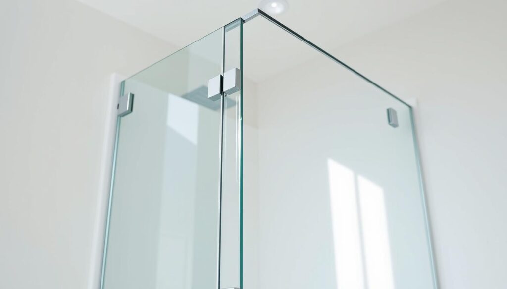 A sleek, minimalist glass shower door stands gracefully against a bright, airy backdrop. The tempered glass panels are crystal clear, reflecting the room's natural light and creating an illusion of spaciousness. The door's clean, modern lines and seamless hinges convey a high-quality, custom-tailored aesthetic. Subtle chrome hardware accents complement the overall refined design. The carefully angled camera captures the door's elegant simplicity, highlighting its ability to transform a bathroom into a serene, spa-like retreat. This versatile, made-to-measure shower solution effortlessly blends form and function, elevating the everyday bathing experience.