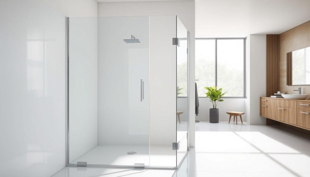 A sleek, minimalist shower enclosure made of high-quality tempered glass panels, showcasing the elegant simplicity of "höhe" - the German word for height. The glass panels reflect the surrounding light, creating a bright and airy ambiance. The enclosure is positioned in a spacious, well-lit bathroom, with a seamless integration of modern fixtures and clean, contemporary design. The camera captures the enclosure at an angle, highlighting the impressive height and the clean, uninterrupted lines that give the product a premium, luxurious appearance. The overall mood is one of sophistication, attention to detail, and a focus on the harmonious interplay of form and function.