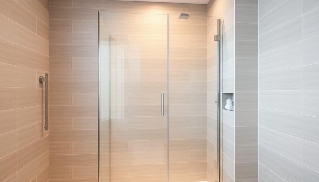 A sleek, minimalist shower enclosure with a seamless glass door, set against a backdrop of modern tiles in a soothing palette. The glass panel reflects the light, creating a sense of openness and airiness. The frameless design and clean lines convey a contemporary aesthetic, complementing the overall sophisticated ambiance of the bathroom. The shower entrance, or "eckeinstieg," is strategically positioned to optimize the available space, ensuring a smooth and efficient workflow. Warm, directional lighting illuminates the scene, highlighting the high-quality materials and attention to detail. The entire composition exudes a sense of elegance and functionality, perfectly suited for the "Duschkabine90x90 von Glastürhop24" featured in the article.