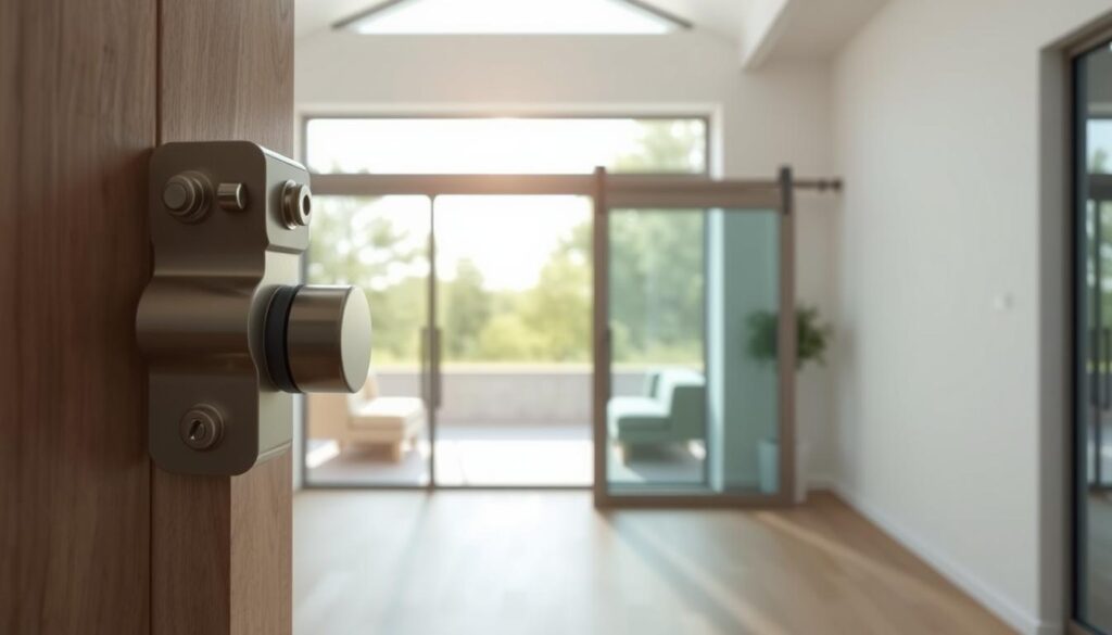 A sleek, minimalist sliding door system in a bright, airy room. The foreground features a detailed close-up of the technical components - precision-engineered metal latch mechanisms, smooth-gliding nylon wheels, and a soft-close damper for a quiet, effortless operation. The middle ground showcases the door itself, made of tempered glass panels framed in a modern, brushed aluminum track. In the background, natural light streams in through large windows, casting a warm, inviting glow and highlighting the high-quality craftsmanship. The overall scene conveys a sense of quality, durability, and seamless functionality - the "Technik, die überzeugt" that the article describes.