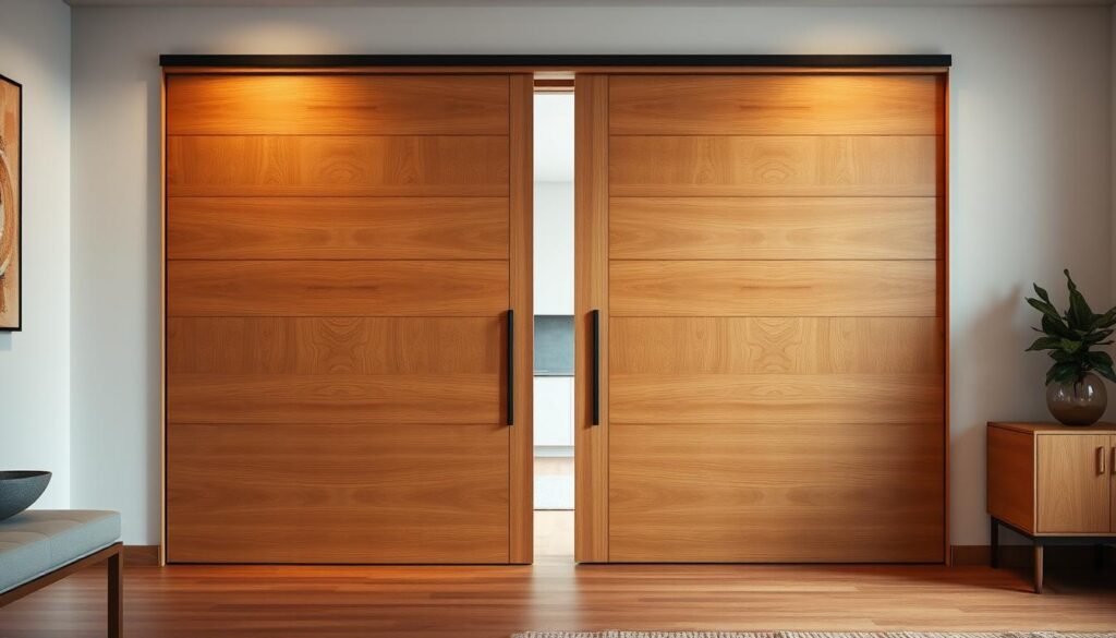 A sleek, minimalist wooden sliding door set against a modern, well-lit interior. The door is crafted from high-quality, warm-toned wood panels that seamlessly integrate with the surrounding decor. Soft, directional lighting illuminates the natural grain and texture, creating a sense of depth and sophistication. The door glides effortlessly on a hidden track system, allowing for a smooth, uninterrupted transition between spaces. The overall composition evokes a harmonious blend of contemporary design and timeless craftsmanship, perfectly suited for the discerning homeowner seeking a bespoke, functional solution.