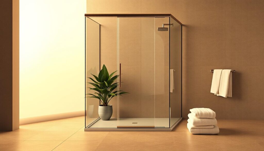 A sleek, modern 100x100 glass shower enclosure is the centerpiece of this luxurious bathroom scene. The frameless glass panels reflect the warm, diffused lighting, creating a sense of airy openness. The seamless, polished chrome hardware gleams, complementing the smooth, water-resistant glass surfaces. The floor is tiled in neutral, natural-looking stone, echoing the clean, minimalist aesthetic. A lush, verdant potted plant in the corner adds a touch of organic warmth, while plush, white towels provide a soft, inviting contrast. The overall atmosphere conveys a spa-like sense of relaxation and rejuvenation, perfect for the "Komfort und Langlebigkeit" section of the article.