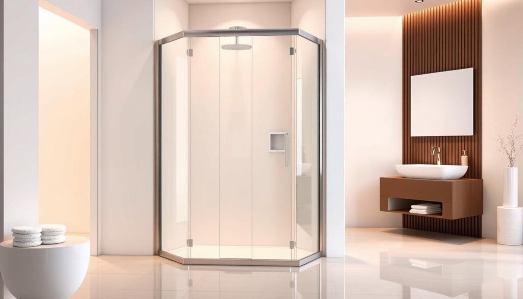 A sleek, modern 100x100 shower enclosure, its glass panels reflecting the warm, soft lighting of a bathroom. The frame is a minimalist, brushed metal design, seamlessly integrated into the space. The shower door glides open effortlessly, inviting the user in. Underfoot, a polished, non-slip tile floor completes the luxurious, spa-like atmosphere. Surrounding the shower, clean white walls and a vanity unit with a contemporary sink create a harmonious, high-end aesthetic. The overall mood is one of sophisticated simplicity, perfectly capturing the quality and design of this 100x100 shower solution from Glastürhop24.