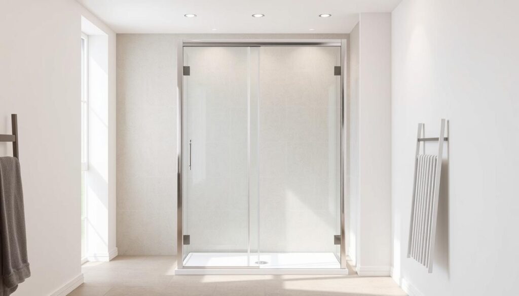 A sleek, modern 90x90 cm shower enclosure stands in a bright, airy bathroom. Gleaming frameless glass panels create a minimalist, sophisticated aesthetic, allowing natural light to flood the space. The enclosure is fitted with high-quality chrome hardware, including a seamless sliding door that glides effortlessly. The floor is tiled in a neutral, textured material, complementing the glass and chrome accents. Soft, diffused lighting from recessed ceiling fixtures illuminates the scene, casting a warm, inviting glow. The overall impression is one of compact efficiency, luxurious simplicity, and versatile functionality - a compact, comfortable, and multifaceted shower solution.