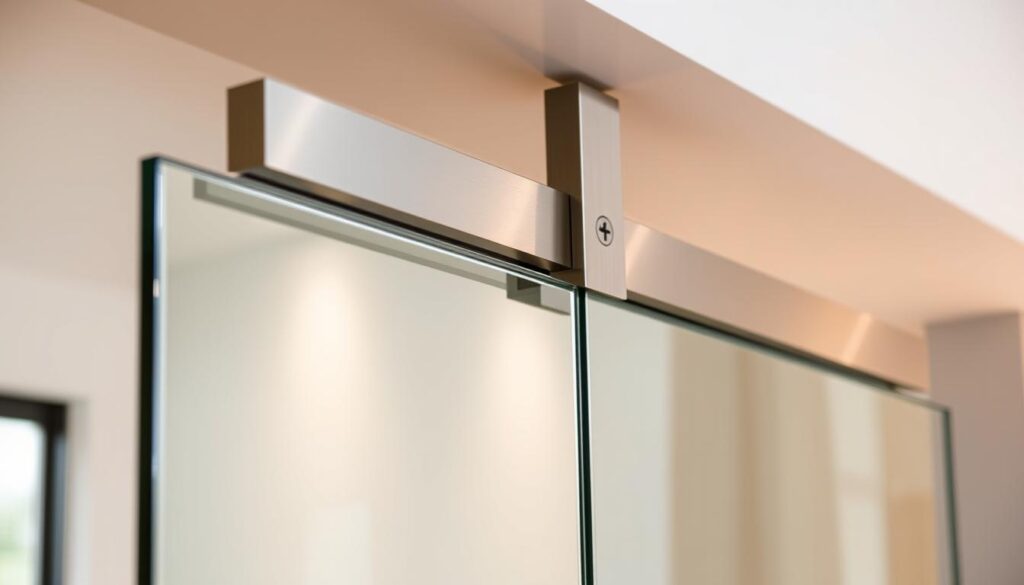 A sleek, modern beschlag system for a glass sliding door, showcasing precision German engineering. The sturdy, minimalist hardware is elegantly suspended, gliding effortlessly along a concealed track. Brushed metal surfaces reflect warm, focused lighting, highlighting the quality craftsmanship. The system is integrated seamlessly into the frameless glass panels, creating a harmonious, high-end aesthetic. Subtle shadows and reflections add depth, while a clean, uncluttered background emphasizes the system's elegant simplicity. This beschlag system embodies the pinnacle of design and functionality, perfect for a bespoke glass door solution.