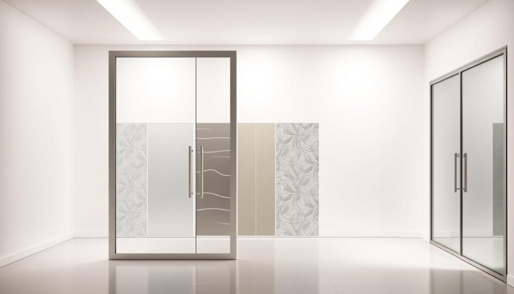 A sleek, modern design of glass doors in a well-lit, minimalist interior. In the foreground, a pair of clear glass panels with a subtle, elegant frame that seamlessly blends into the background. The middle ground features a variety of glass door designs, from frosted to patterned, showcasing the diverse options available. The background is a crisp, white wall, highlighting the transparency and versatility of the glass elements. The overall atmosphere conveys a sense of sophistication, allowing the beauty and functionality of the glass doors to take center stage. Soft, directional lighting creates a warm, inviting ambiance, accentuating the visual appeal of the glass surfaces. The image captures the essence of the "Designauswahl für Glastüren: Von Klarglas bis Motiv" section, showcasing the wide range of design possibilities for glass doors.