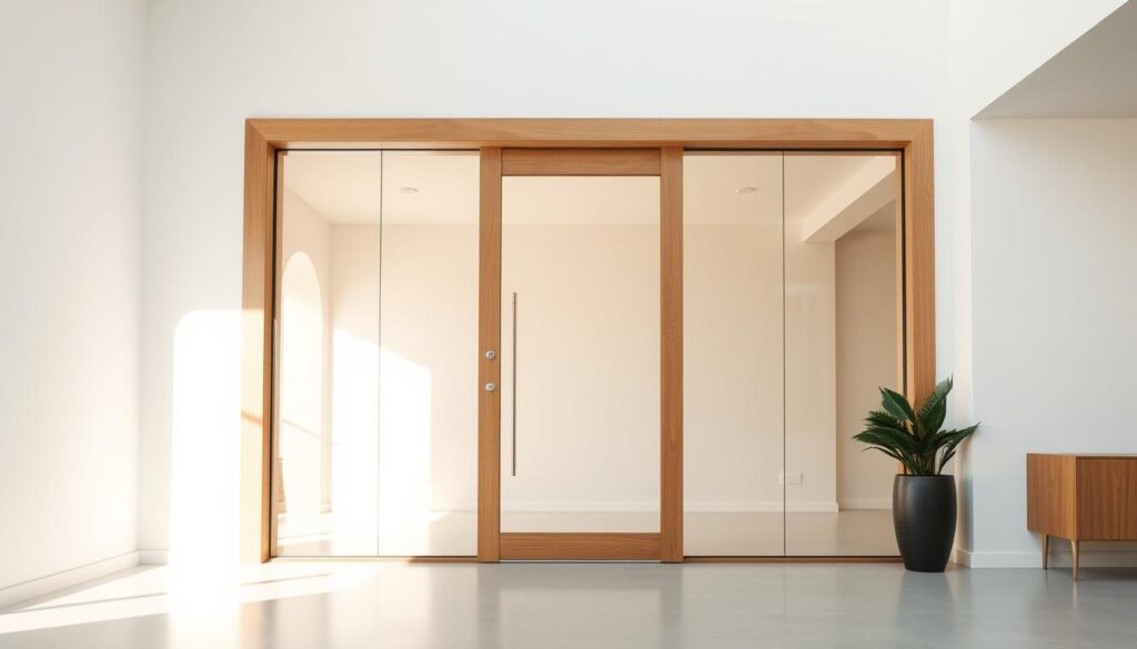A sleek, modern ganzglastür (full-glass door) set in a minimalist, clean-lined wooden frame, floating seamlessly within a crisp, bright interior. The door's tempered glass panels reflect the warm, natural light flooding the space, creating a sense of openness and visual harmony. Subtle metallic hardware accents add a touch of refinement, while the flawless, custom-fit installation ensures a cohesive, high-quality aesthetic. Captured with a wide-angle lens to showcase the door's impressive scale and the elegant integration with the surrounding architecture. The overall mood is one of understated elegance, sophistication, and attention to detail.