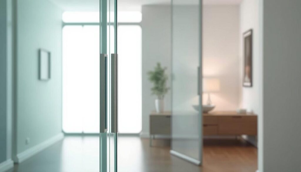 A sleek, modern glass door design with a minimalist aesthetic. The foreground features a large, seamless panel of clear tempered glass, its surface reflecting the surrounding environment. The middle ground showcases a streamlined metal frame, its thin profile accentuating the glass's visual dominance. The background subtly hints at a well-lit, contemporary interior space, with soft, natural lighting enhancing the overall ambiance. The composition emphasizes the elegant simplicity and visual appeal of this high-quality sliding door solution, capturing the essence of "Glastüren Innen" and the "Designvielfalt und Oberflächen: Von Klarglas bis Schwarzglas" section.
