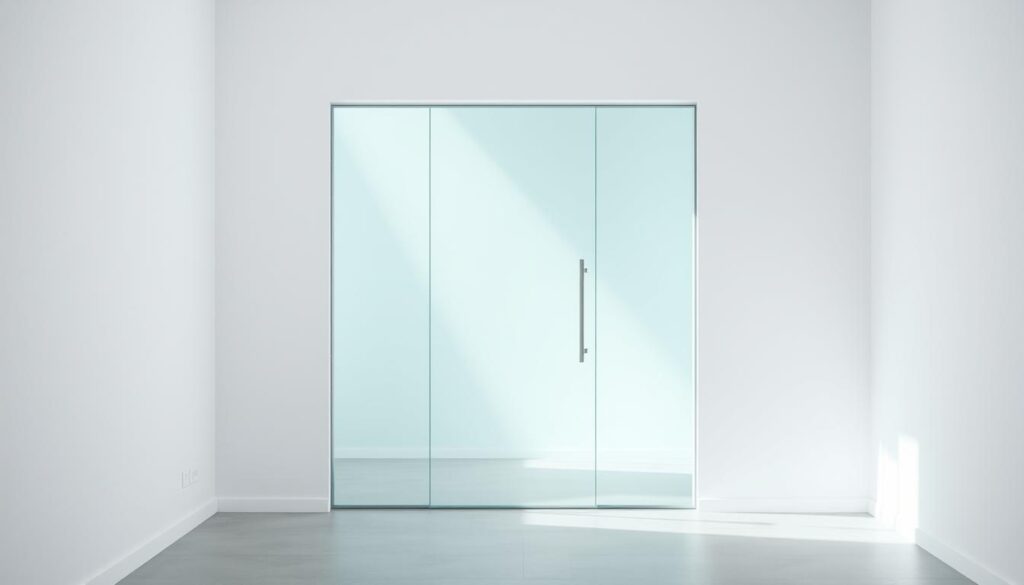 A sleek, modern glass door in a well-lit, minimalist interior. The door is made of seamless, tempered safety glass (ESG), its clean lines and frameless design creating an elegant, airy atmosphere. The glass appears crystalline and slightly reflective, allowing natural light to filter through and illuminate the space. The door is set in a recessed wall, creating a subtle framing effect. The overall composition emphasizes the transparency and simplicity of the "ganzglastür" design, highlighting its architectural and functional qualities.