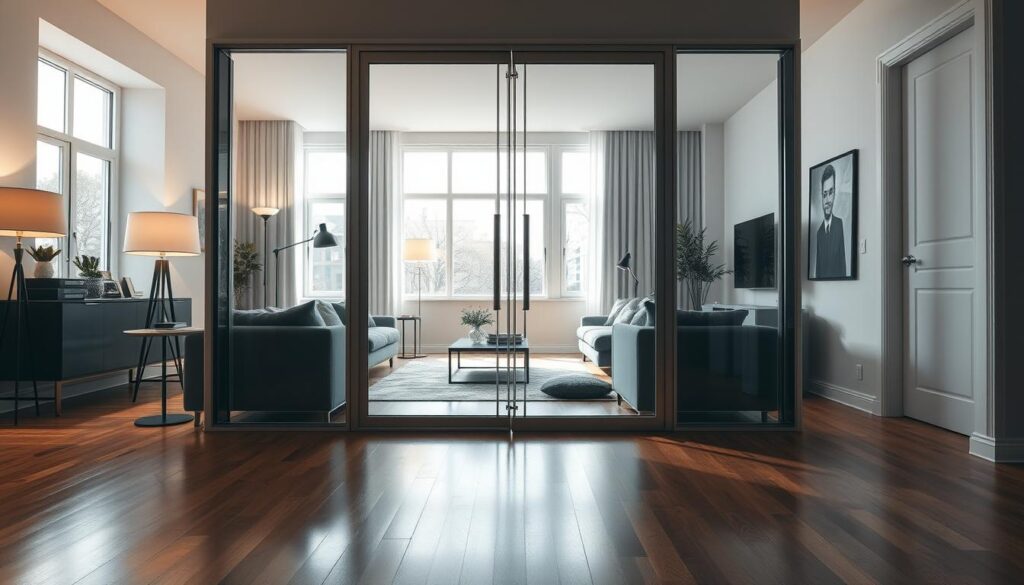A sleek, modern glass door that seamlessly integrates into a stylish living room. The door is made of high-quality, transparent klarglas, allowing natural light to flow through and create a bright, airy atmosphere. The frame is minimalist, with clean lines and a refined metal finish that complements the room's decor. The door is positioned in the center of the frame, creating a focal point and drawing the eye towards the well-curated living space beyond. Soft, diffused lighting from floor lamps and pendant fixtures casts a warm, inviting glow, while the angle of the camera captures the door's reflection in the polished hardwood floors, adding depth and dimensionality to the scene.