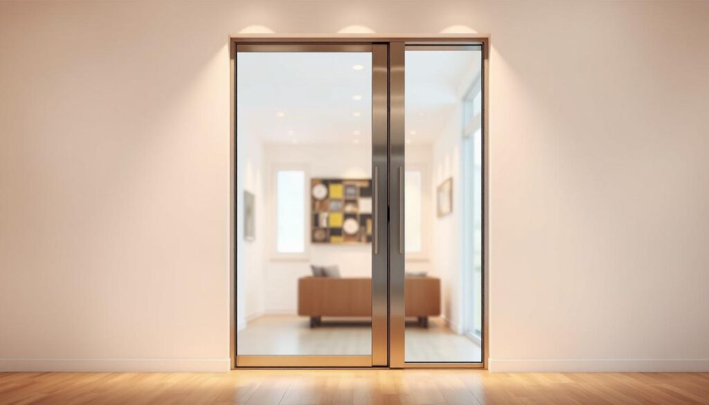 A sleek, modern glass door with a custom-fitted frame stands in a well-lit, minimalist interior. The door's tempered glass panels glimmer, reflecting the warm, diffused lighting from overhead fixtures. The frame, crafted from high-quality materials, seamlessly integrates with the surrounding walls, creating a cohesive and visually appealing design. The door's hardware, such as the handle and hinges, are made of brushed metal, adding a touch of sophistication. The space beyond the door is slightly blurred, hinting at the seamless transition between indoor and outdoor environments. The overall scene exudes a sense of elegance, functionality, and attention to detail, perfectly capturing the essence of a "glastür mit zarge" in a high-end residential or commercial setting.