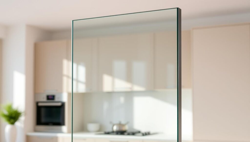 A sleek, modern glass panel in a neutral, minimalist kitchen setting. The panel stands tall, its surface smooth and reflective, catching the gentle light from nearby windows. The frame is a simple, streamlined design, allowing the glass to be the focal point. The background is blurred, creating a clean, distraction-free environment that allows the glass to shine. The overall aesthetic is one of sophistication, functionality, and attention to detail - embodying the quality and care that Glastuerhop24 brings to their custom glass solutions.