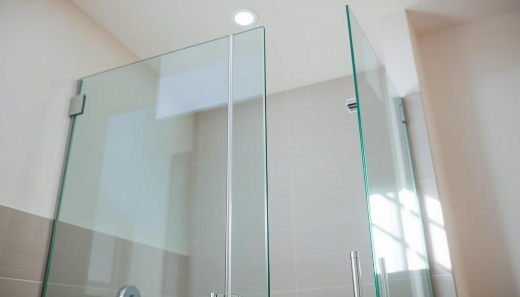 A sleek, modern glass shower door in a well-lit, spacious bathroom. The door features a clean, minimalist design with a seamless, frameless glass panel that allows natural light to flow through, creating a bright and airy atmosphere. The door is set against a tiled wall, with a subtle, neutral color palette that complements the glass. The lighting is soft and diffused, highlighting the transparency and reflective qualities of the glass. The camera angle captures the door from a slightly elevated perspective, showcasing its elegant, sophisticated appearance and emphasizing its role as a key design element in the overall bathroom.