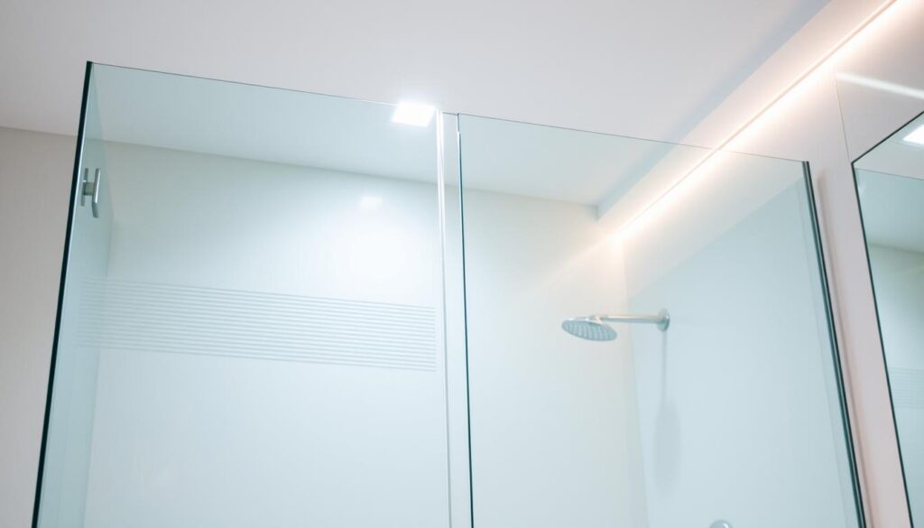 A sleek, modern glass shower enclosure stands in a beautifully lit bathroom. The frameless, tempered glass panels are elegantly designed, reflecting the contemporary aesthetic of the space. Soft, diffused lighting from recessed ceiling fixtures illuminates the glass, creating a seamless, minimalist look. The shower area is spacious, with a subtle, linear pattern etched into the glass, adding a touch of visual interest. The overall scene conveys a sense of luxury, functionality, and sophisticated style - the perfect balance for a high-end bathroom design.