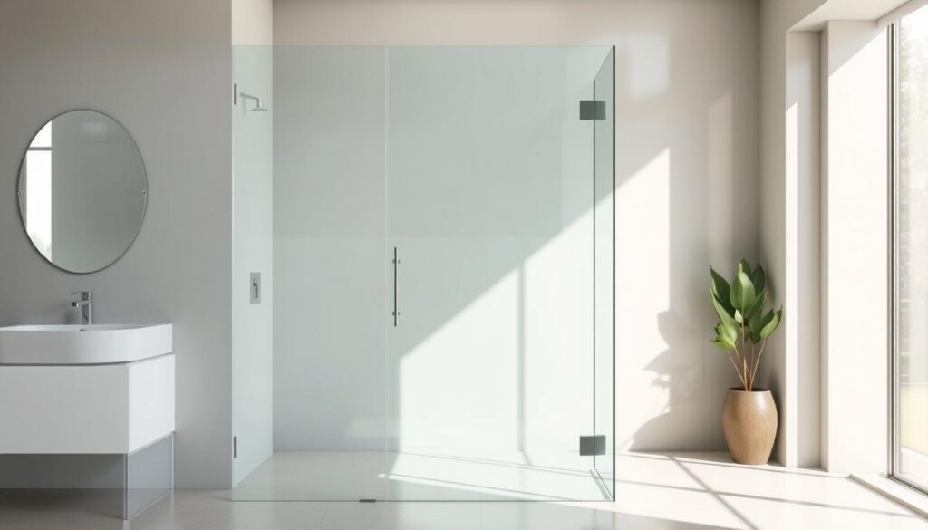A sleek, modern glass shower enclosure with a seamless, frameless design stands in a bright, airy bathroom. The seitenwand, or side panel, is made of high-quality tempered glass, its smooth, clean lines reflecting the natural light flooding the space. The glass is free of any visible hardware, creating a minimalist, elegant aesthetic that perfectly complements the spa-like ambiance. The camera captures the seitenwand from a slightly elevated angle, showcasing its impressive, full-height dimensions and the attention to detail in its craftsmanship. The overall scene conveys a sense of luxury, serenity, and the exceptional quality of the Glastürhop24 product.