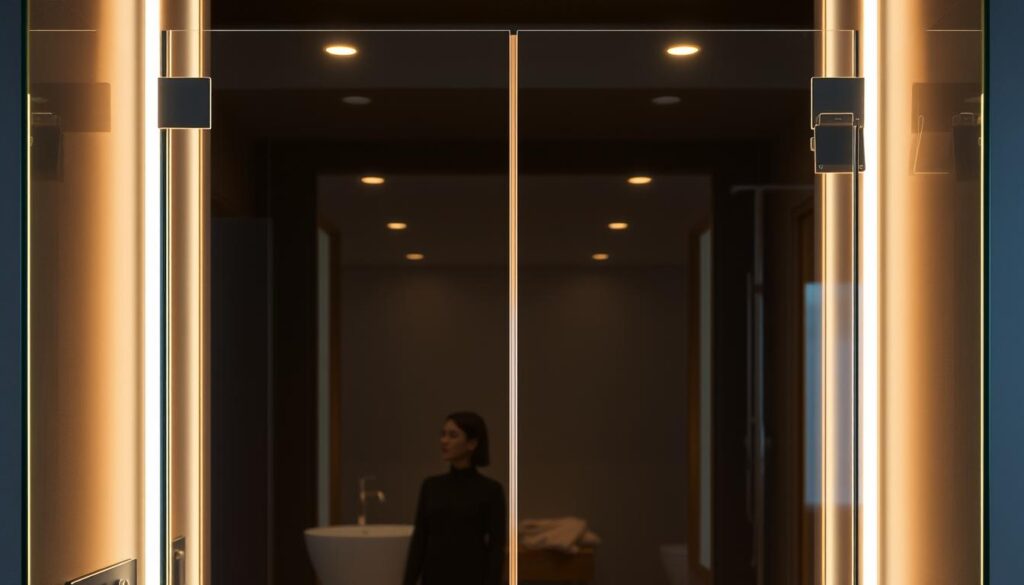 A sleek, modern glass shower wall, illuminated by warm, diffused lighting that bathes the space in a soft, inviting glow. The glass panels are seamlessly integrated, their clean lines and frameless design creating an elegant, minimalist aesthetic. Reflections dance across the surface, capturing the surrounding environment and creating a sense of depth and openness. The glass is tempered and treated to resist water stains and streaks, ensuring a pristine, sparkling appearance. The entire scene exudes a sense of luxury and high-quality craftsmanship, perfectly suited for a premium bathroom design.