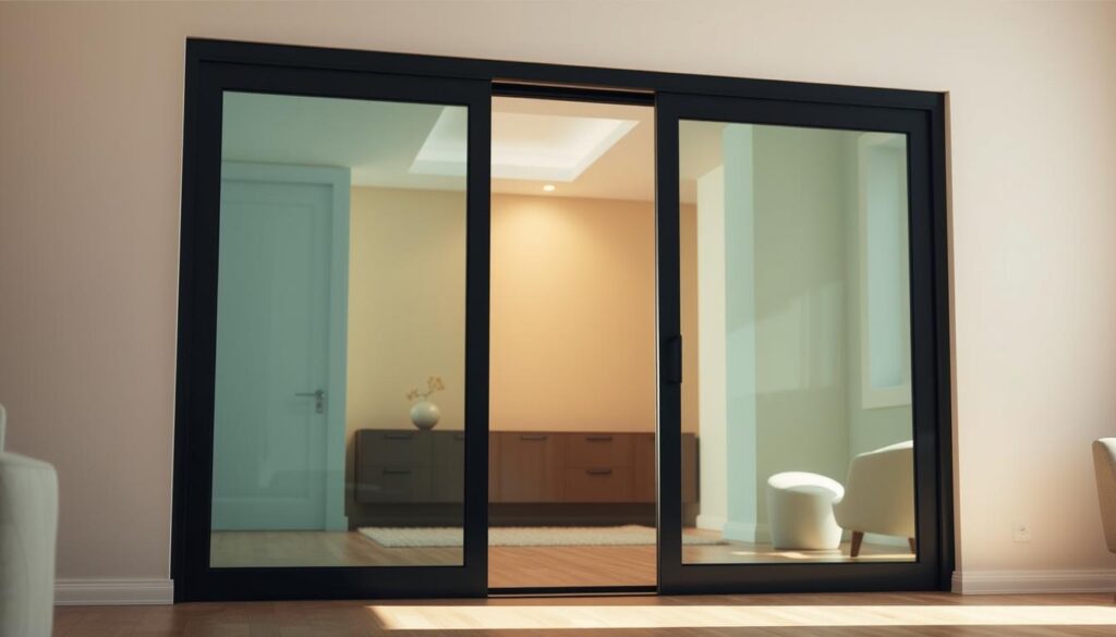 A sleek, modern glass sliding door in a living room setting, viewed from the left side. The door is made of high-quality, tempered glass with a minimal, unobtrusive frame. The door is positioned against a neutral-colored wall, allowing the transparency of the glass to create a sense of openness and flow between the interior and exterior spaces. The lighting is soft and diffused, casting a warm, inviting glow on the scene. The camera angle is slightly low, emphasizing the elegant, streamlined design of the door. The overall atmosphere is one of refined simplicity and functionality, highlighting the versatility and premium quality of the glass sliding door.