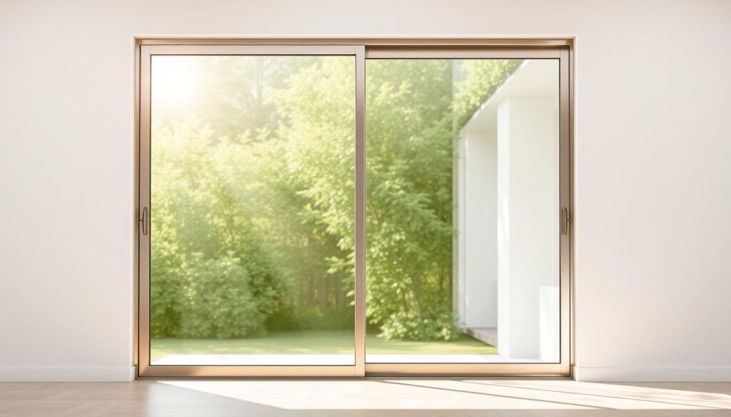 A sleek, modern glass sliding door standing in a bright, airy room. The door's frame is made of polished aluminum, seamlessly blending with the transparent panels. Sunlight streams through the glass, casting a warm, natural glow and highlighting the door's clean, minimalist design. The sliding mechanism operates smoothly, allowing the door to glide open effortlessly, creating a seamless transition between indoor and outdoor spaces. The scene conveys a sense of sophistication, functionality, and a connection to the natural environment.