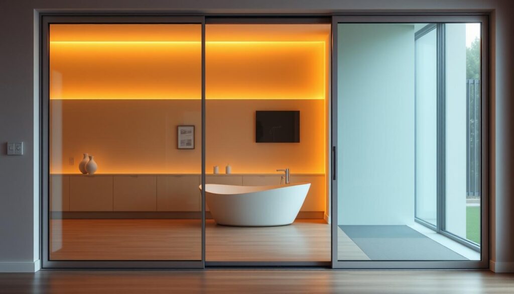A sleek, modern glass sliding door with a minimalist design, featuring a seamless, frameless structure that blends effortlessly with the surrounding interior. The door's surface reflects the warm, natural lighting of the room, creating a sense of openness and tranquility. The glass panels are expertly crafted, allowing for a clear, unobstructed view of the space beyond. The sliding mechanism operates smoothly, adding a touch of elegance to the overall aesthetic. The door's design complements a variety of interior styles, from contemporary to traditional, making it a versatile choice for any room.