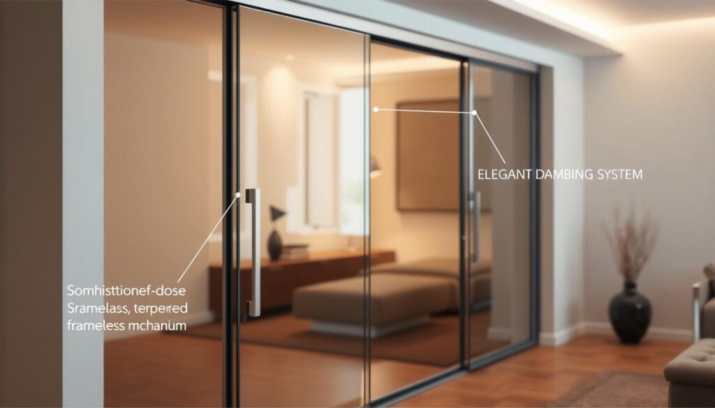 A sleek, modern glass sliding door with a sophisticated soft-close mechanism and an elegant damping system, captured in a well-lit, minimalist interior setting. The door's seamless frameless design and tempered glass panels reflect the room's clean lines and warm, neutral color palette. Precise camera angles highlight the door's smooth, effortless operation and the subtle technological details that enhance the user experience. An atmosphere of understated luxury and refined functionality pervades the scene, showcasing the superior craftsmanship and advanced engineering behind this premium sliding door solution.