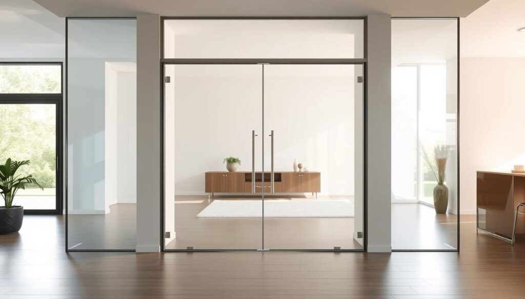 A sleek, modern glass swing door in a spacious, well-lit interior. The door's frameless glass panels reflect the surrounding environment, creating a seamless, open feel. Subtle metal hardware accents the minimalist design, while diffused natural light filters through the glass, casting a warm, inviting glow. The door's elegant silhouette is the focal point, showcasing the precision craftsmanship and high-quality materials. The overall scene evokes a sense of sophistication, functionality, and attention to detail - the embodiment of a bespoke, tailored glass door solution from Glastuerhop24.