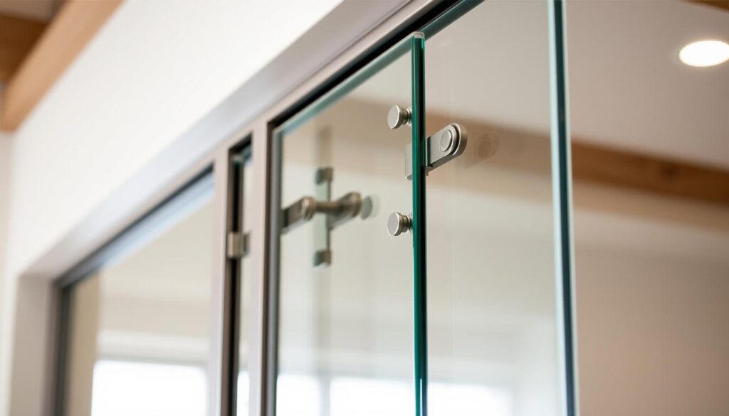A sleek, modern glass swinging door with high-quality metal fittings. The door is in the foreground, showcasing the intricate hardware and hinges that allow it to pivot gracefully. The lighting is soft and diffused, creating a warm, inviting atmosphere. The background is slightly blurred, allowing the details of the door to take center stage. The image conveys a sense of sophistication and attention to design, reflecting the specialized solutions offered by Glastuerhop24 for glass swing doors.