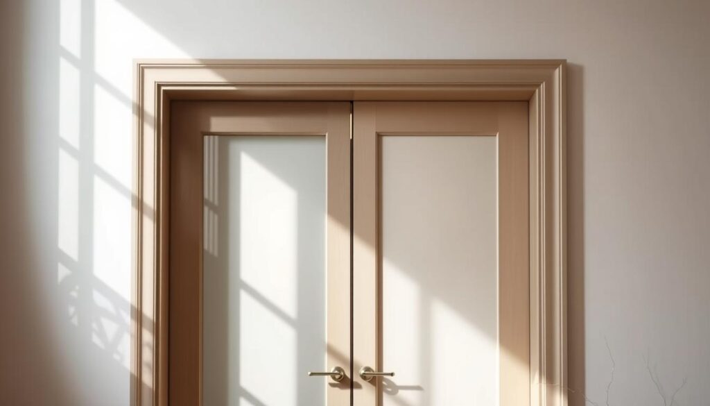 A sleek, modern interior door with a glass panel in a minimalist design. The door frame features clean, sharp edges and a subtle metallic trim, creating a refined, high-end aesthetic. The glass panel is strategically placed to allow natural light to flow through, enhancing the sense of openness and airiness in the room. The overall composition is carefully balanced, with the door's design elements accentuating the elegance of the space. Soft, directional lighting casts gentle shadows, highlighting the door's textural details and creating a warm, inviting atmosphere. The door serves as a harmonious transition between adjacent rooms, seamlessly integrating form and function. A sleek, modern interior door with a glass panel in a minimalist design. The door frame features clean, sharp edges and a subtle metallic trim, creating a refined, high-end aesthetic. The glass panel is strategically placed to allow natural light to flow through, enhancing the sense of openness and airiness in the room. The overall composition is carefully balanced, with the door's design elements accentuating the elegance of the space. Soft, directional lighting casts gentle shadows, highlighting the door's textural details and creating a warm, inviting atmosphere. The door serves as a harmonious transition between adjacent rooms, seamlessly integrating form and function.